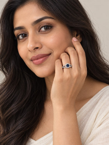 Blue Round Halo Split-Shank Ring - Silver Plated