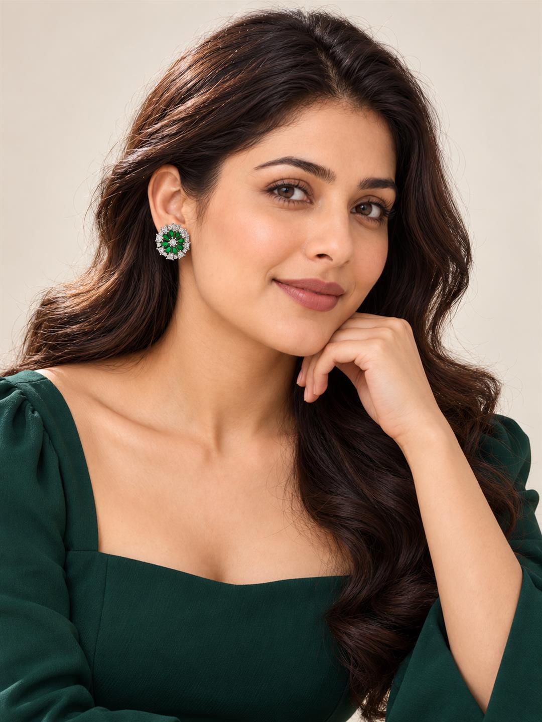 Green heart-petal flower silver-plated stud earrings