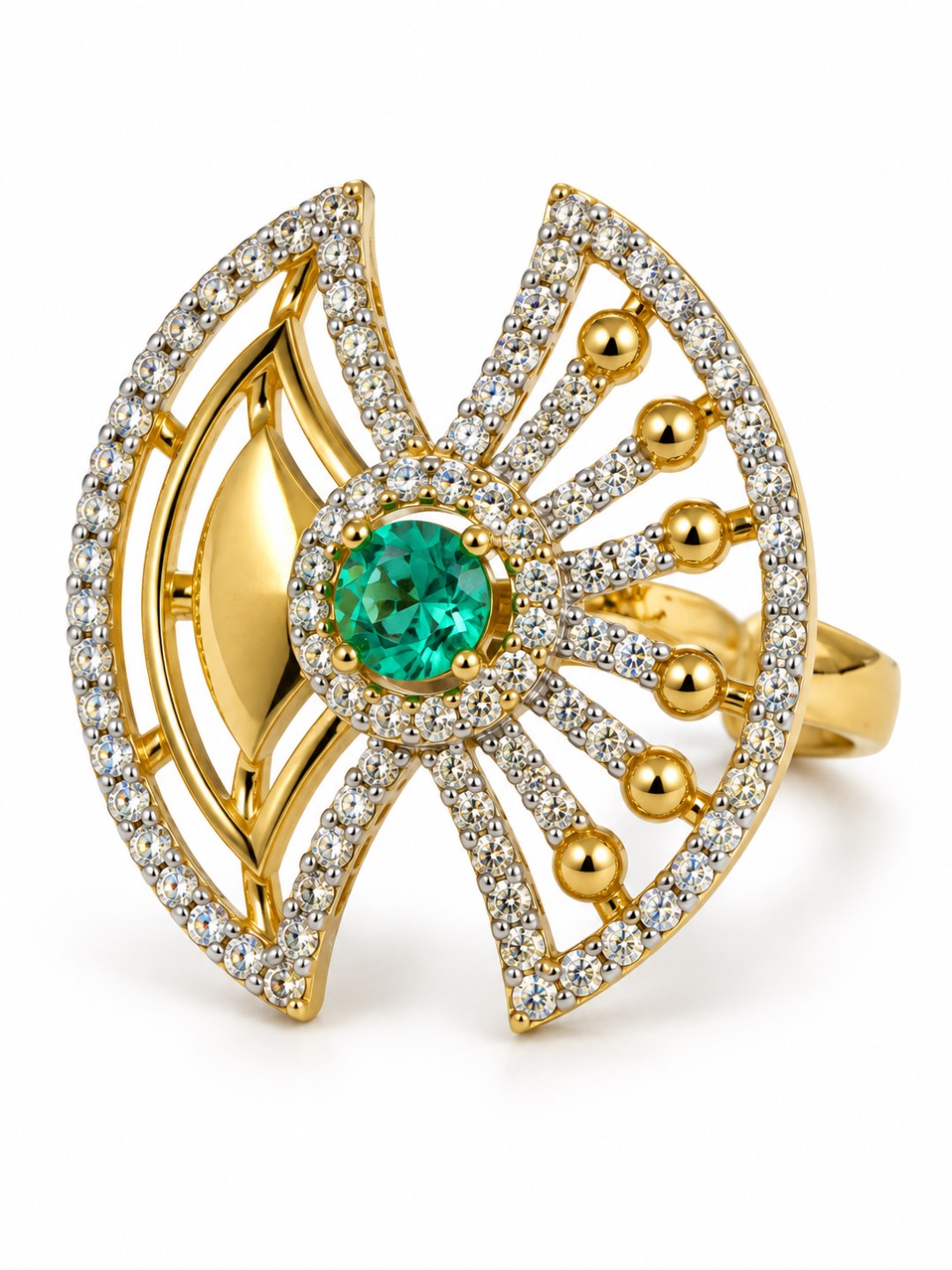 Sea Green Center Stone Fan Motif Ring - Gold Plated