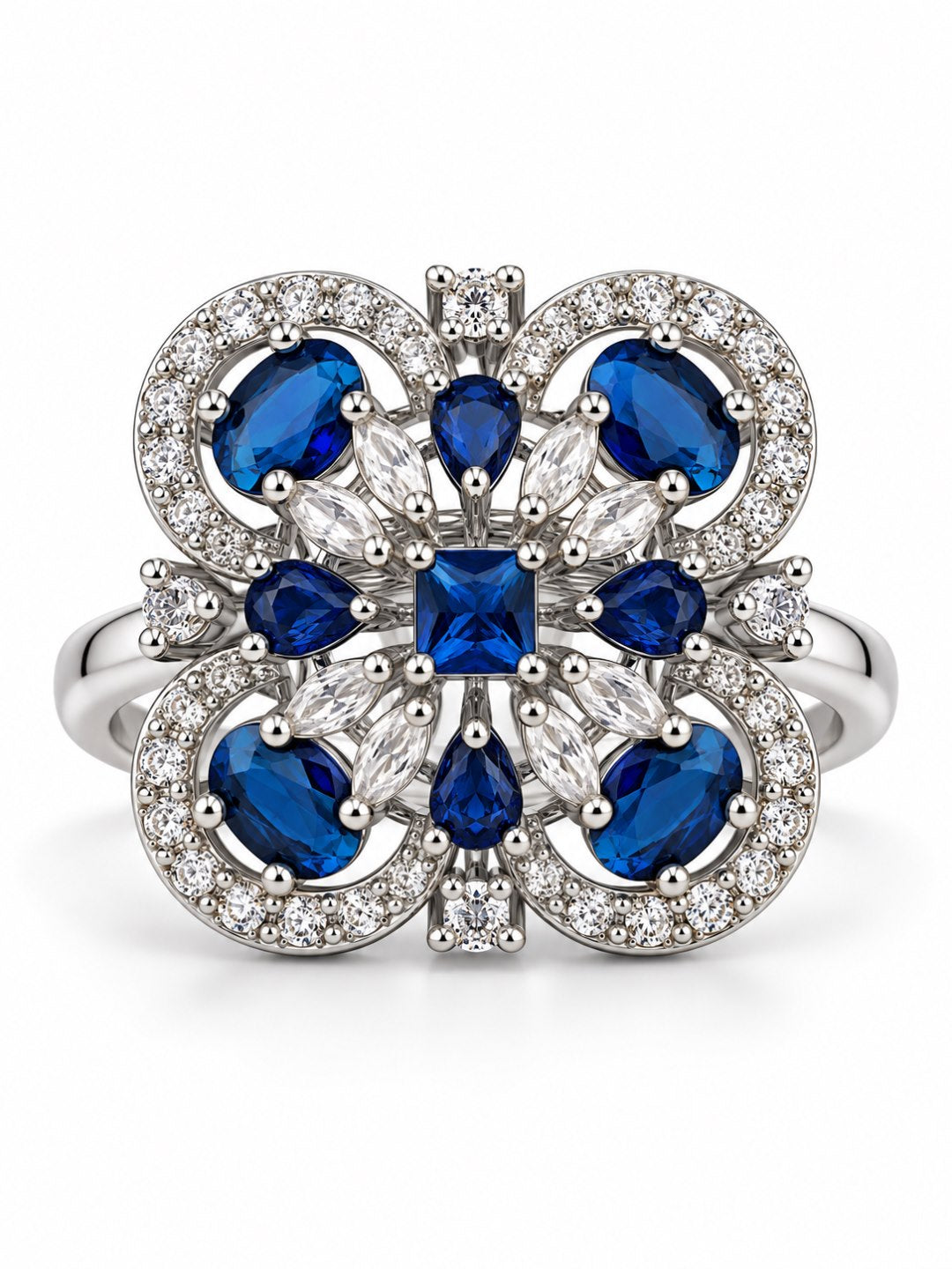 Blue Square Center Quatrefoil Ring - Silver Plated - alternate view