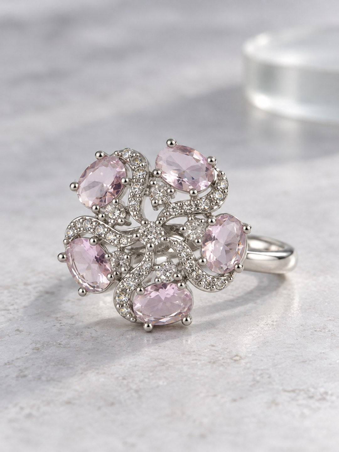 Pink Oval Stone Floral Ring - Silver Plated - alternate view