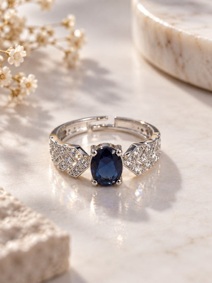Blue Oval Center Stone Geometric Shoulder Ring - Silver Plated