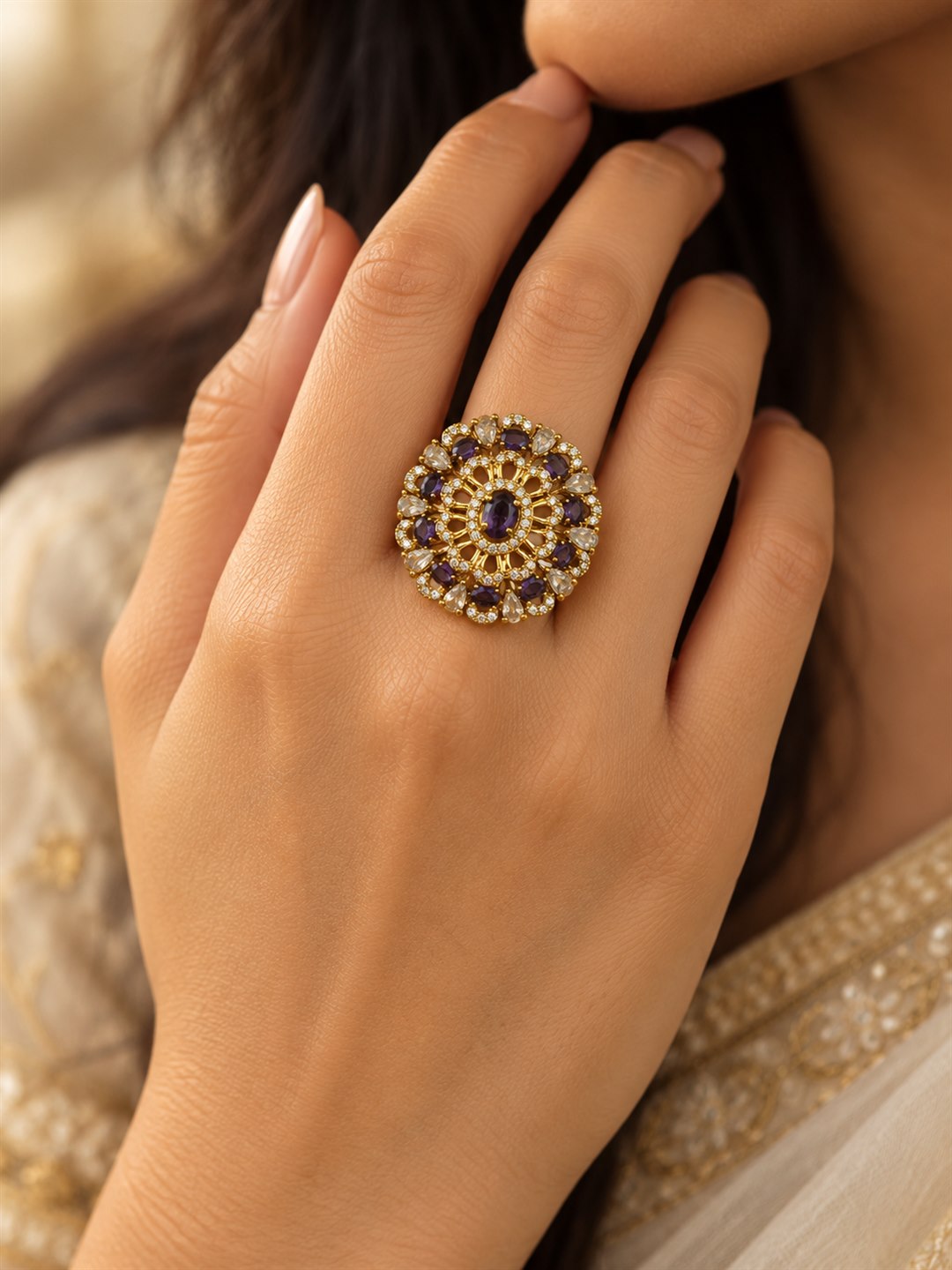 Purple Stone Ornate Floral Cluster Ring - Gold Plated, model close-up