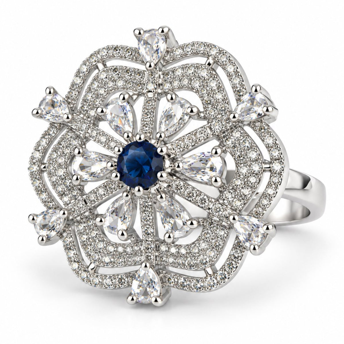 Blue Round Center Geometric Flower Ring - Silver Plated - product view
