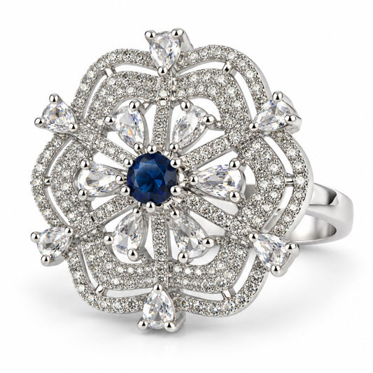 Blue Round Center Geometric Flower Ring - Silver Plated - product view