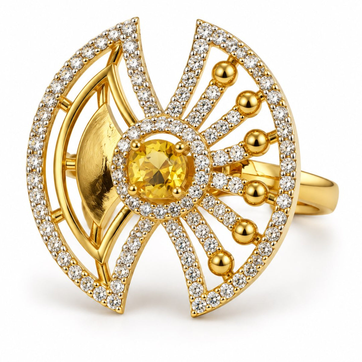 Yellow Center Stone Fan Motif Ring - Gold Plated