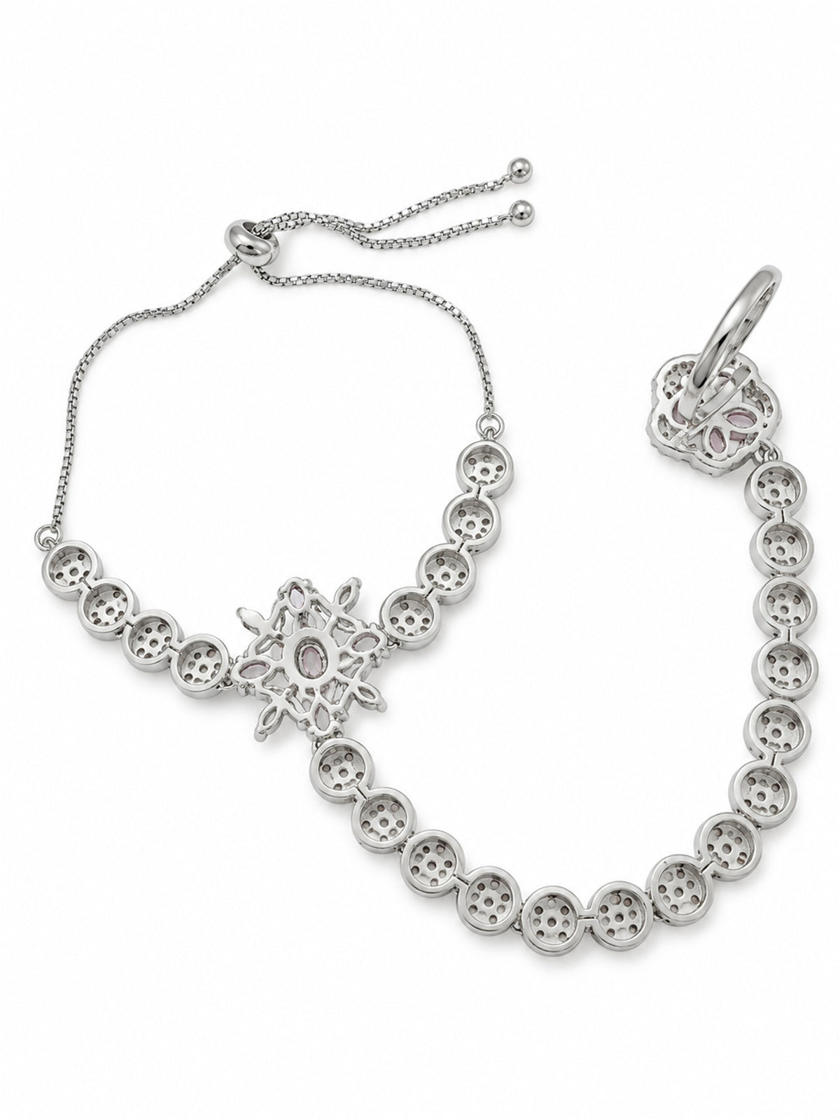 Pink silver-plated floral round-stone chain hathphool