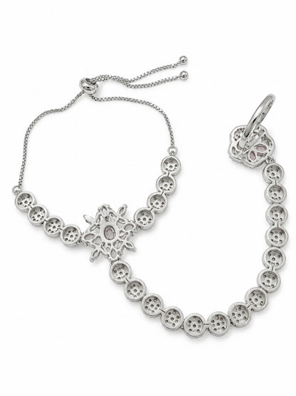 Pink silver-plated floral round-stone chain hathphool