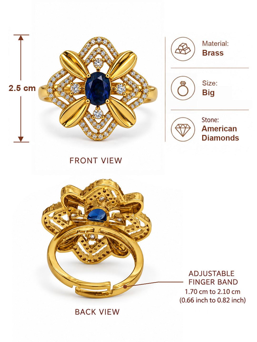 Blue Stone Four Petal Floral Ring - Gold Plated, additional view 6
