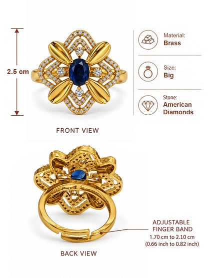 Blue Stone Four Petal Floral Ring - Gold Plated, additional view 6