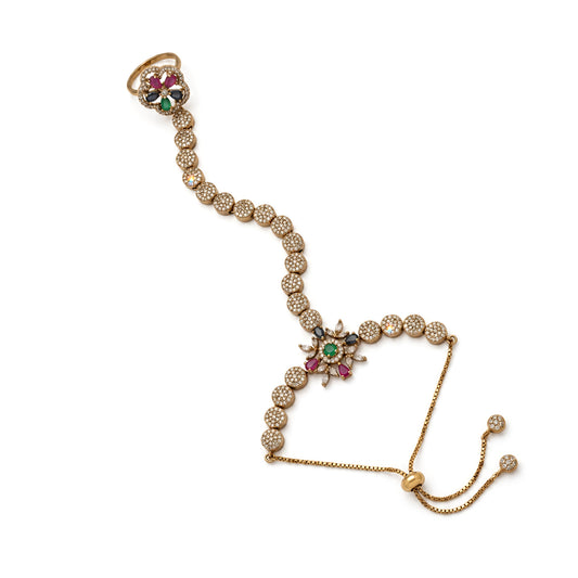 Multicolor Floral Round-Stone Chain Hathphool - Mehndi Plated