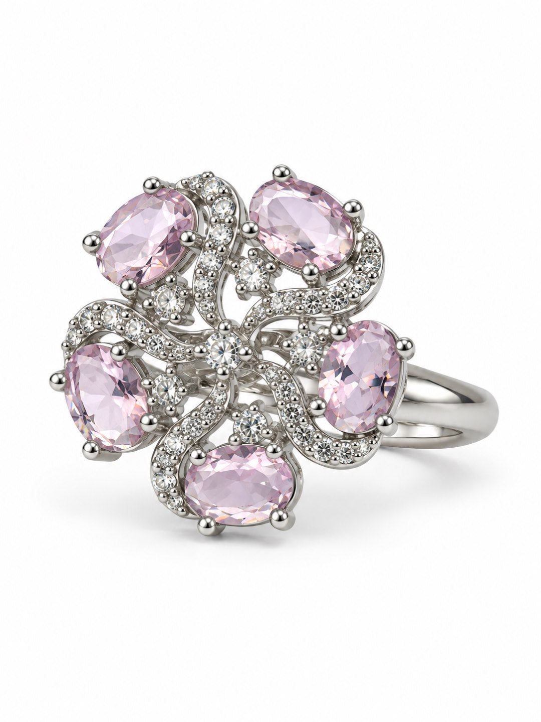 Pink Oval Stone Floral Ring - Silver Plated - alternate view