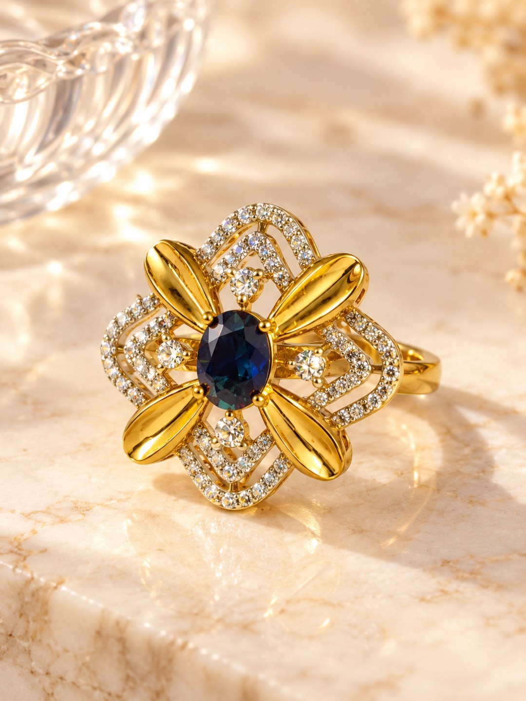 Blue Center Stone Four-Petal Floral Ring - Gold Plated
