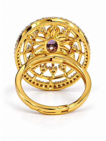 Purple Center Stone Oval Sunburst Ring - Gold Plated