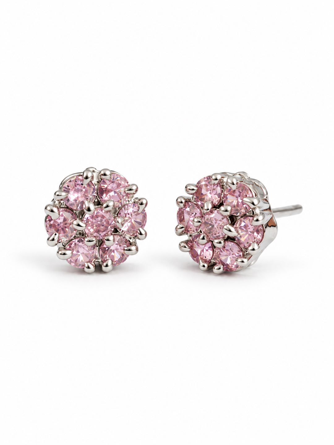 Pink Stone Floral Cluster Stud Earrings, silver plated, alternate product view