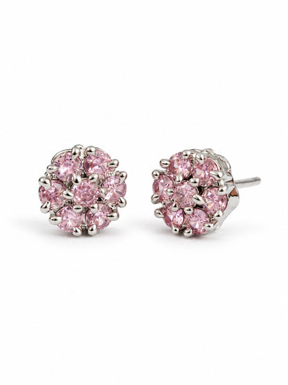 Pink Stone Floral Cluster Stud Earrings, silver plated, alternate product view