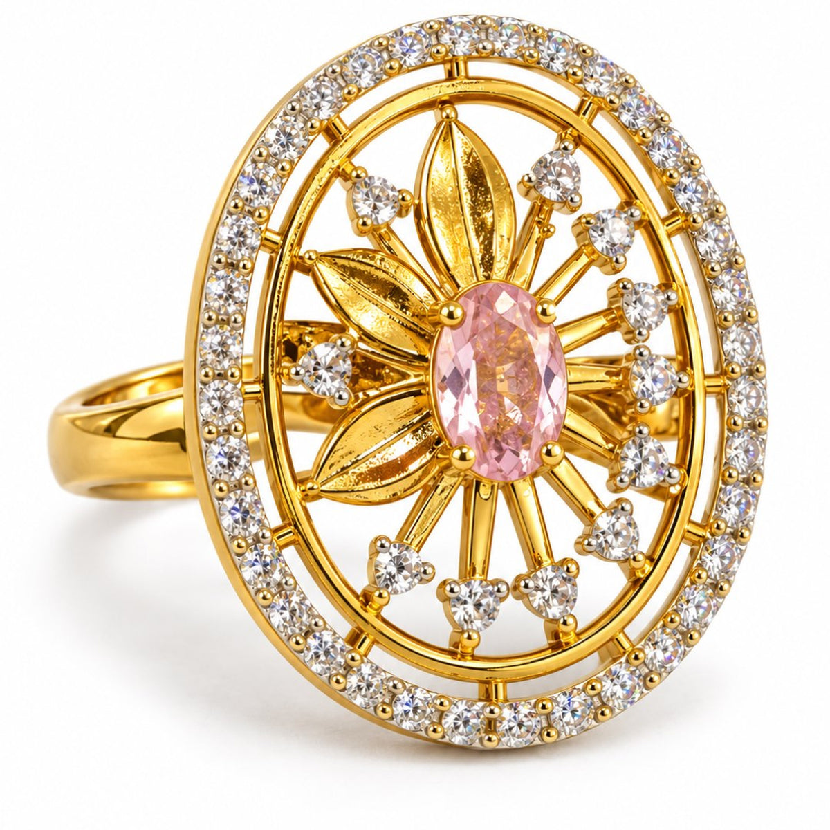 Pink Center Stone Oval Sunburst Ring - Gold Plated