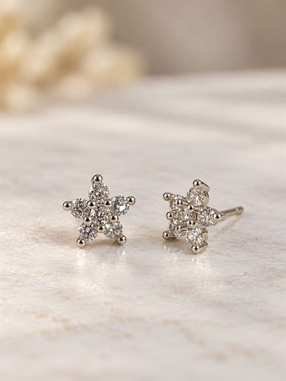 Clear Stone Star Flower Stud Earrings, silver plated, lifestyle view