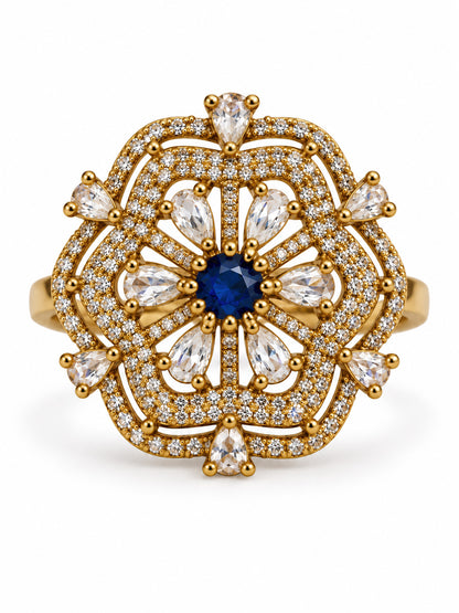 Blue Stone Scalloped Floral Halo Ring - Gold Plated, additional view 1