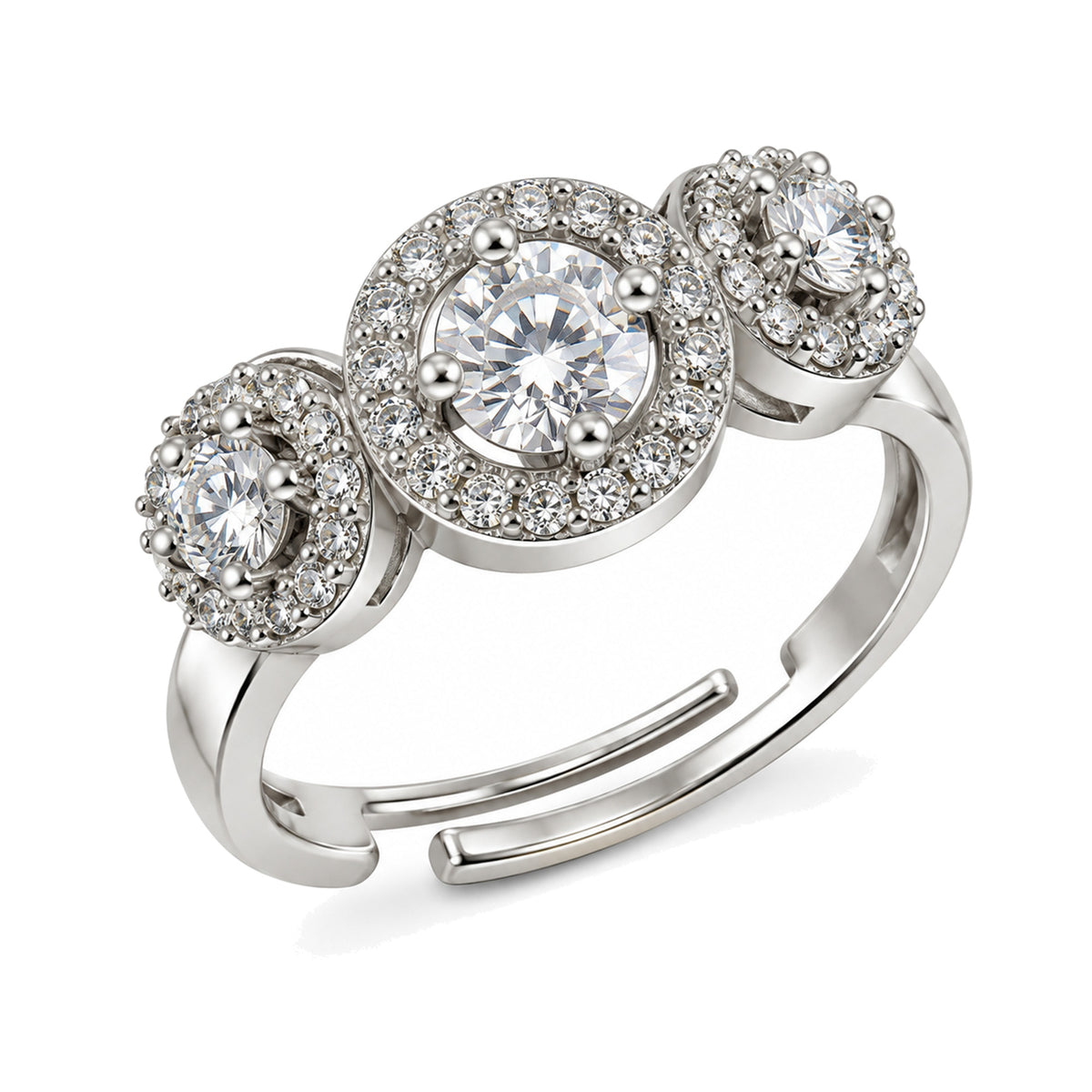 Clear Triple Round Halo Ring - Silver Plated, product view