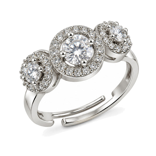 Clear Triple Round Halo Ring - Silver Plated, product view