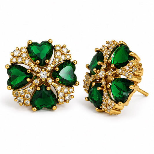 Green Four Heart Floral Stud Earrings - Gold Plated