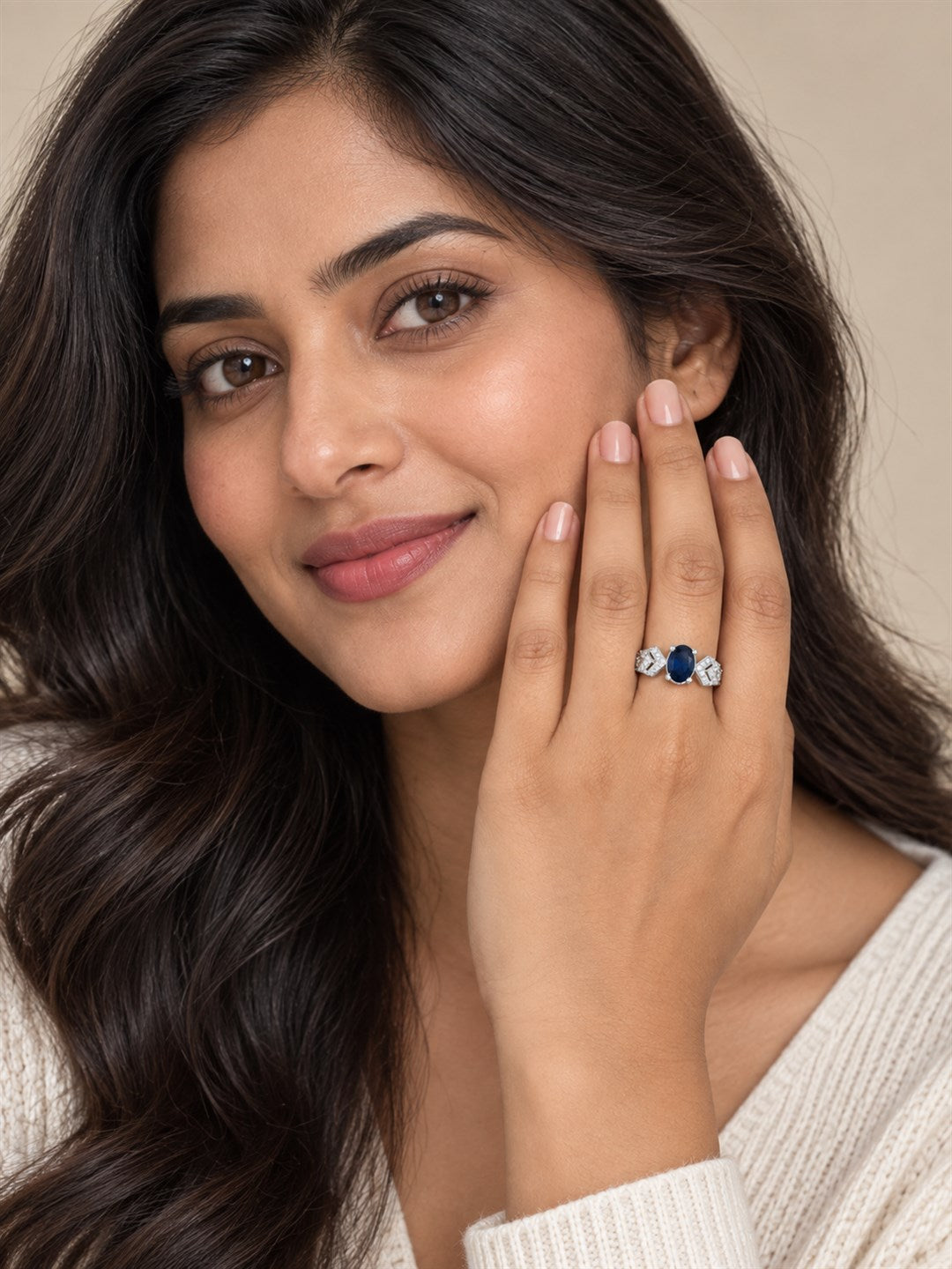 Blue Oval Center Stone Geometric Shoulder Ring - Silver Plated