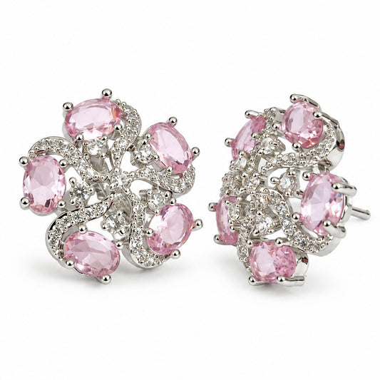 Pink Oval Stone Floral Stud Earrings in silver plating