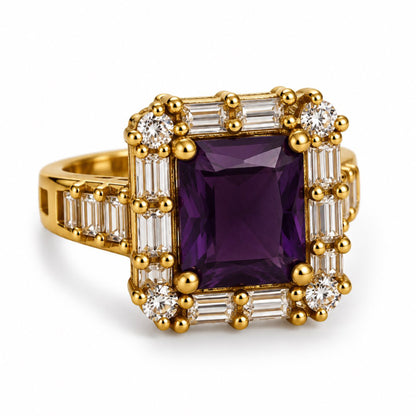 Purple Center Stone Baguette Halo Ring - Gold Plated product image