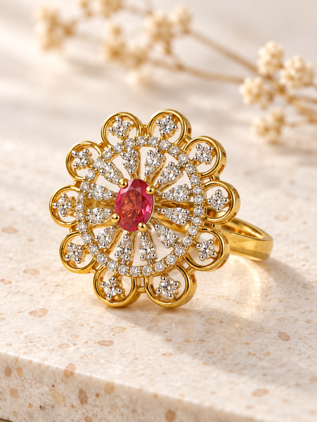Red Center Stone Scalloped Floral Halo Ring - Gold Plated