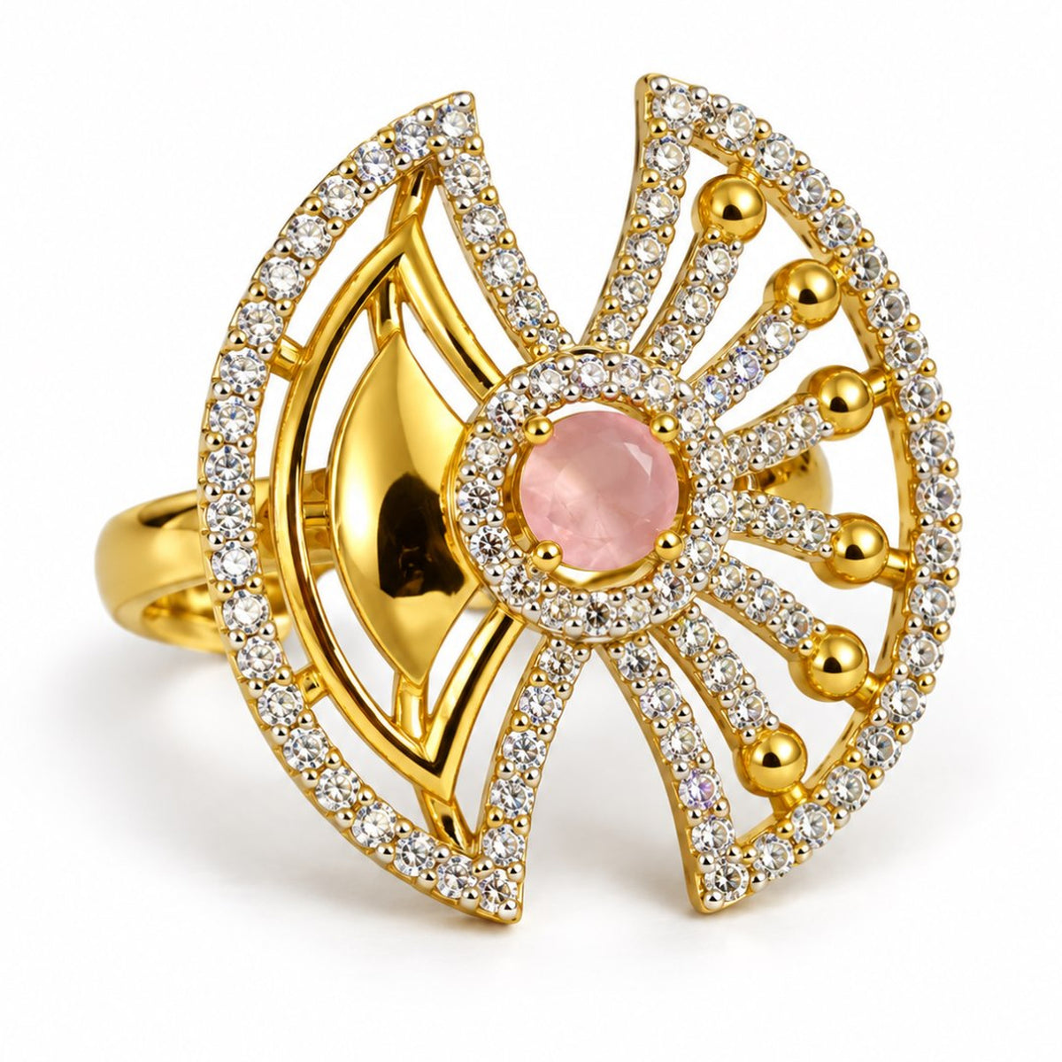 Pink Center Stone Fan Motif Ring - Gold Plated