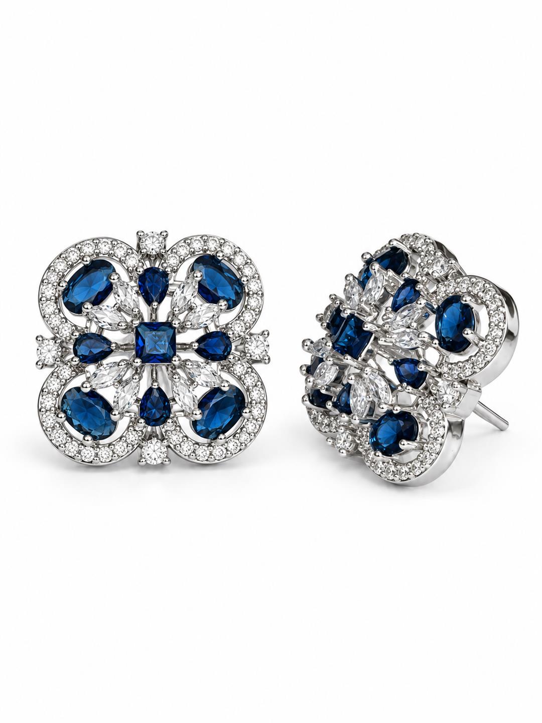 Blue four-leaf clover halo silver-plated stud earrings