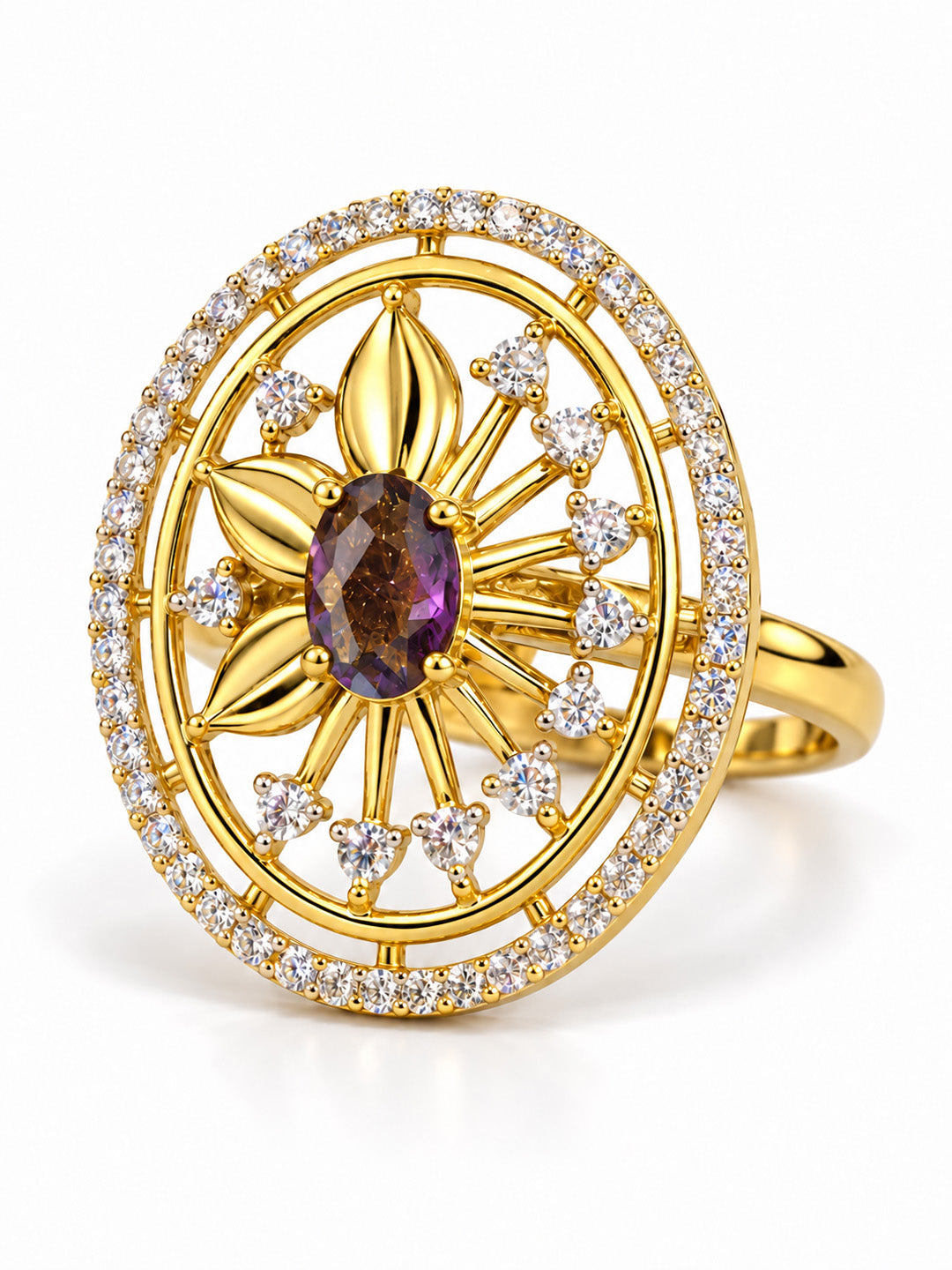 Purple Center Stone Oval Sunburst Ring - Gold Plated