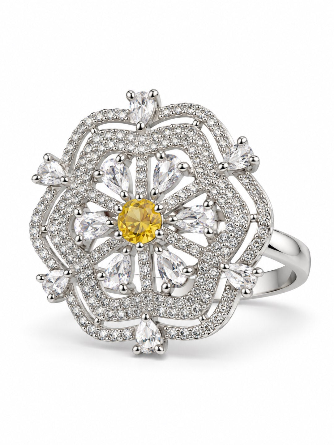 Yellow Round Center Geometric Flower Ring - Silver Plated - alternate view