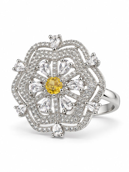 Yellow Round Center Geometric Flower Ring - Silver Plated - alternate view