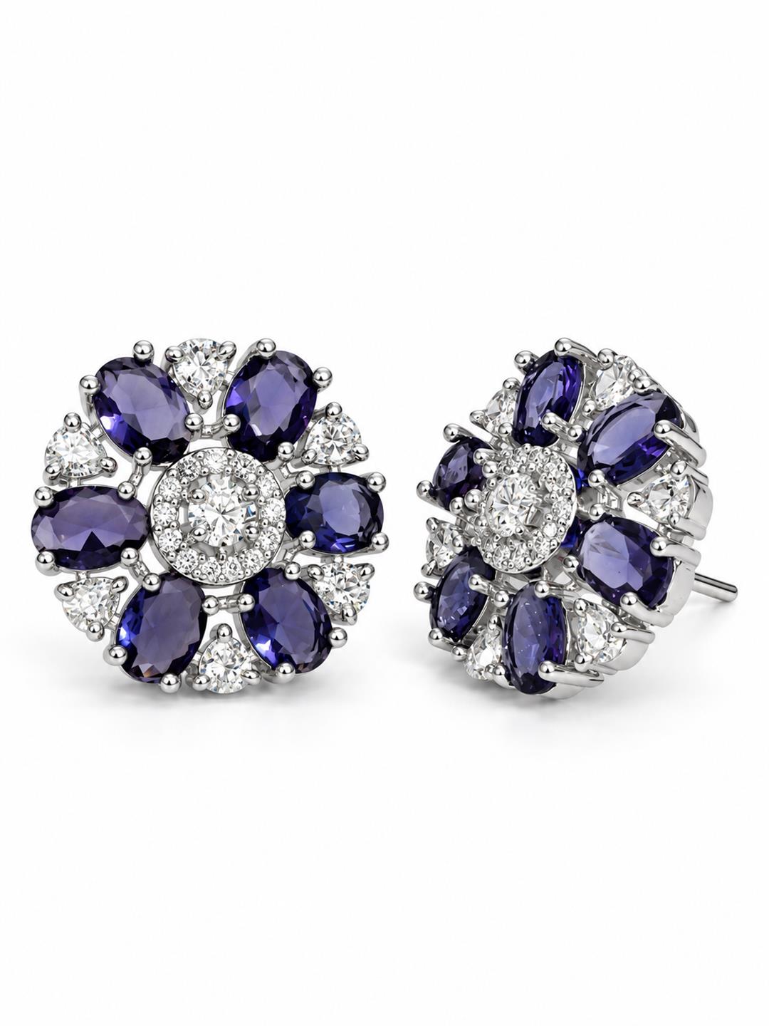 Purple rectangular stone flower silver-plated stud earrings