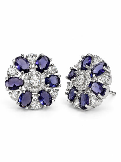 Purple rectangular stone flower silver-plated stud earrings