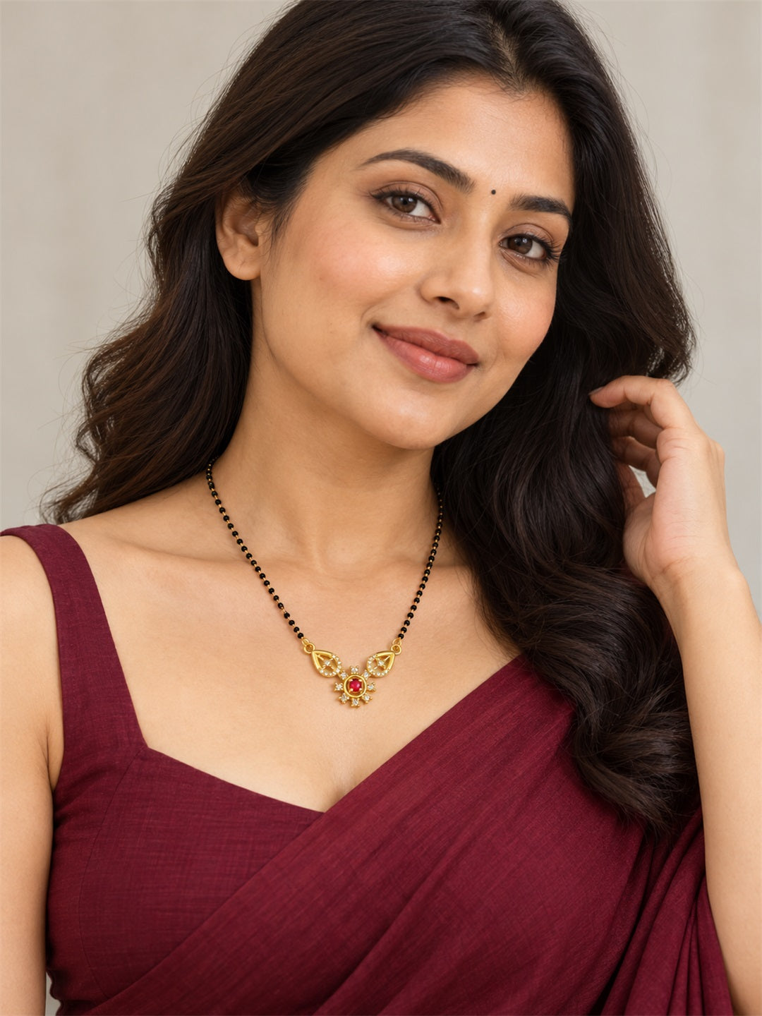 Red flower and open leaf gold-plated mangalsutra
