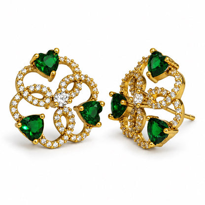 Green Three Heart Openwork Floral Stud Earrings - Gold Plated
