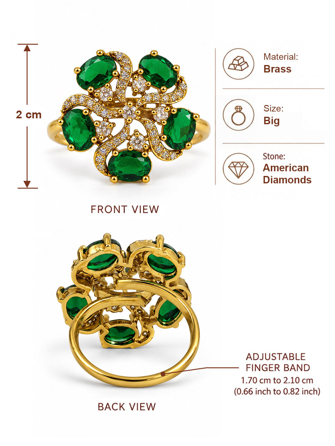Green Stone Five Petal Swirl Ring - Gold Plated, additional view 6