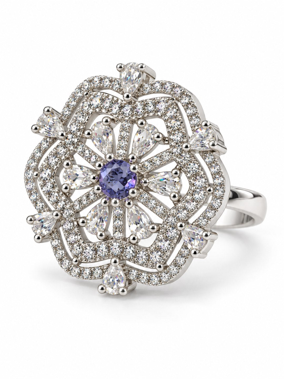 Purple Round Center Geometric Flower Ring - Silver Plated - alternate view