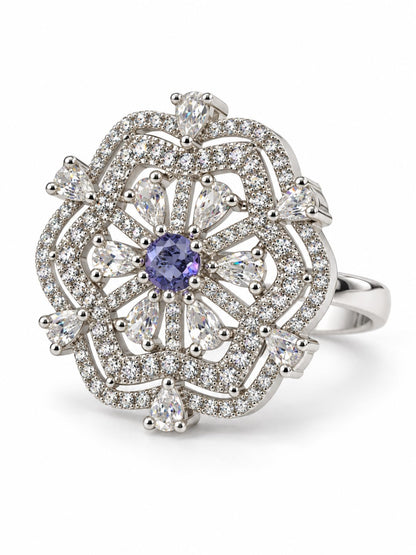 Purple Round Center Geometric Flower Ring - Silver Plated - alternate view