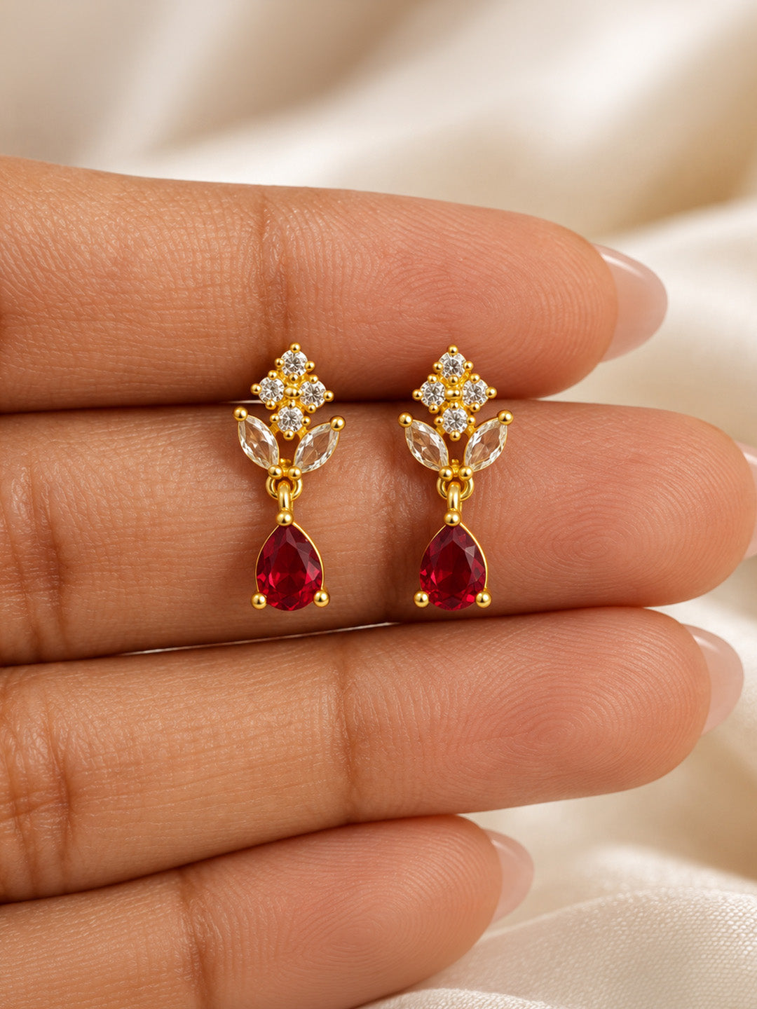 Red Teardrop Floral Drop Earrings - Gold Plated, additional view 1