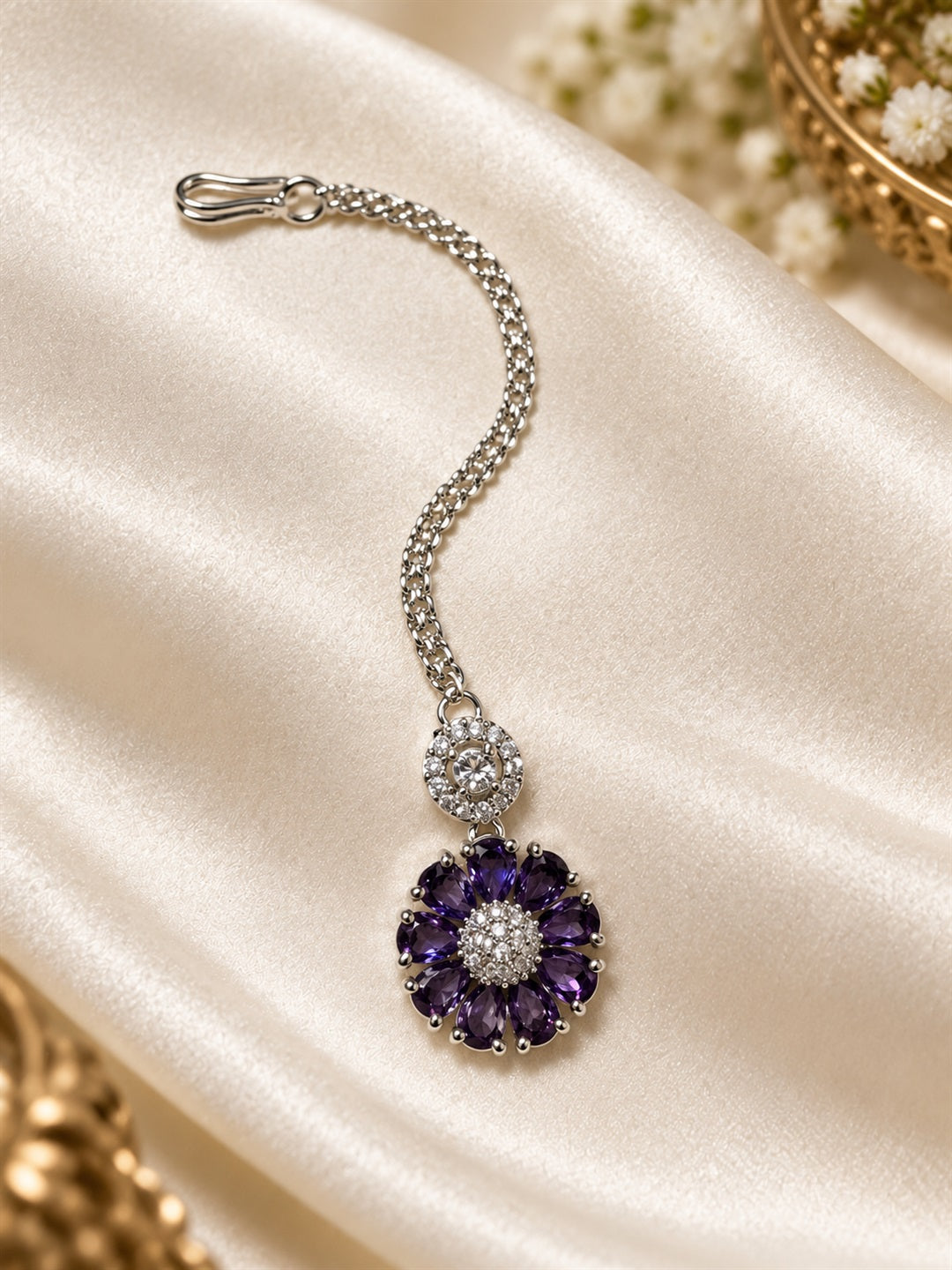 Purple Teardrop Floral Maang Tikka - Silver Plated, additional view 4