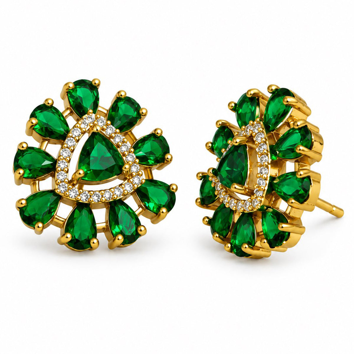 Green Triangle Center Halo Stud Earrings - Gold Plated