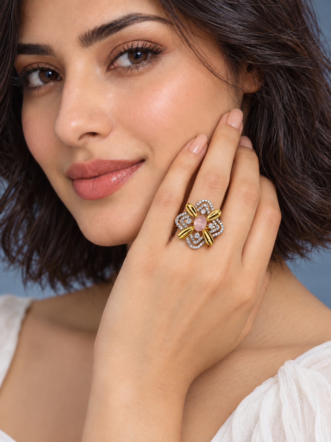 Pink Center Stone Four-Petal Floral Ring - Gold Plated - model close-up