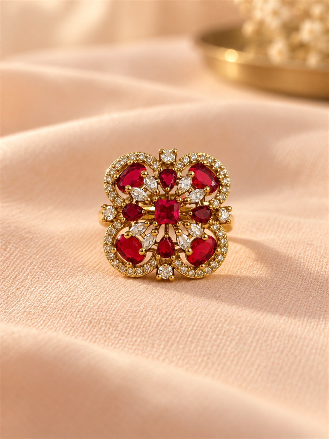 Red Stone Four Leaf Clover Cluster Ring - Gold Plated, additional view 3
