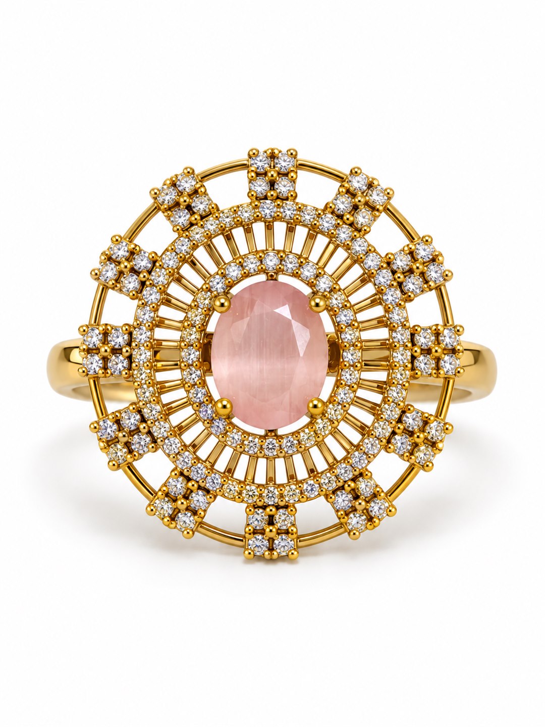 Pink Stone Oval Baguette Halo Ring - Gold Plated, additional view 4