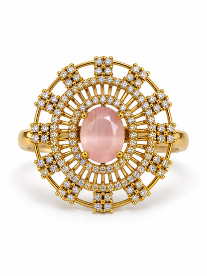 Pink Stone Oval Baguette Halo Ring - Gold Plated, additional view 4