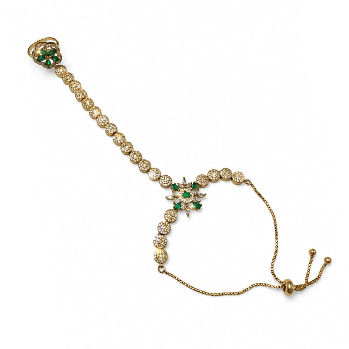 Green Floral Round-Stone Chain Hathphool - Mehndi Plated